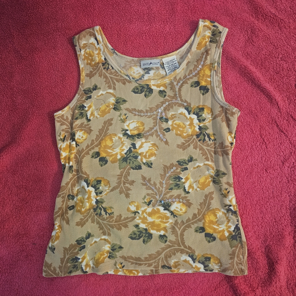 White Stag Yellow Floral Ribbed Tank Top